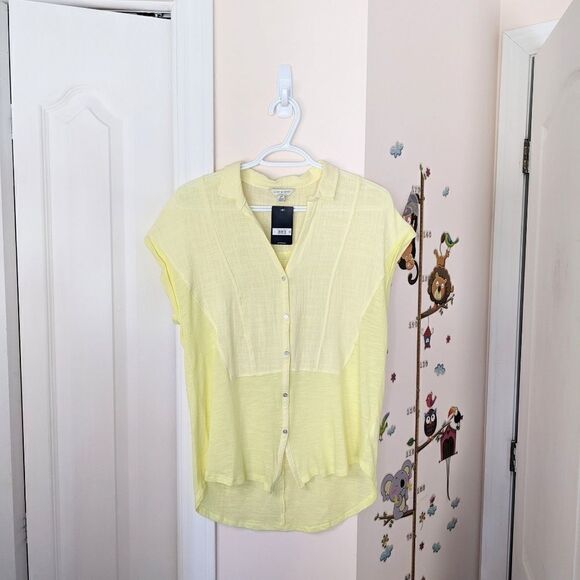 NEW Lucky Brand Woven Gauze Mixed Shirt Short Sleeve lemon yellow small @i - Picture 9 of 15